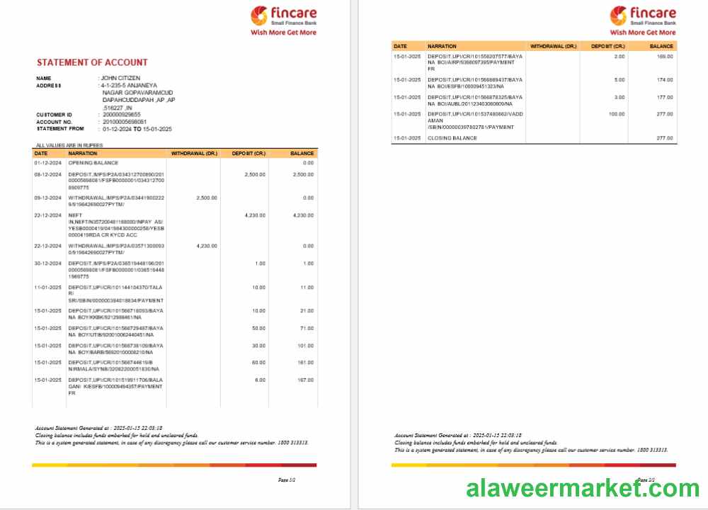 INDIA FINCARE bank statement template, Word and PDF format, version 2